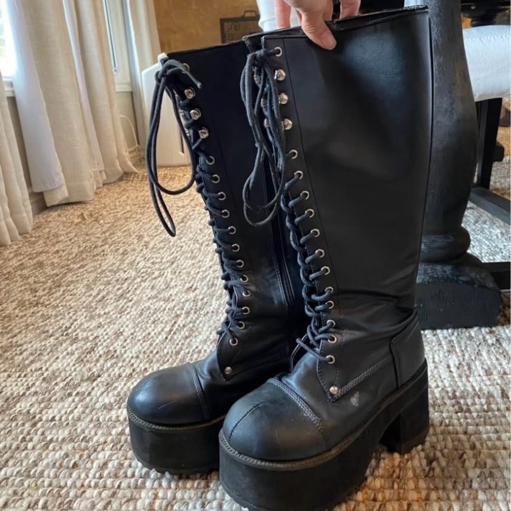 Demonia Ranger 302 Knee High Goth Black Platform Lace-Up Boots